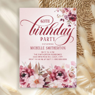 Convite Chic Rosa Borgonha Floral Glam 60º Aniversário
