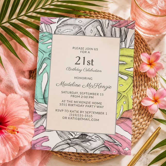 Convite Chic Rosa Botânico Folha de Palma Tropical 21º  (Chic pink, teal, and yellow tropical leaves 21st birthday invitation)