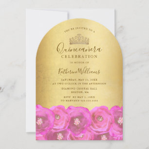 Convite Chic Rosa Cor-de-Rosa Floral Coroa Dourada Quincea