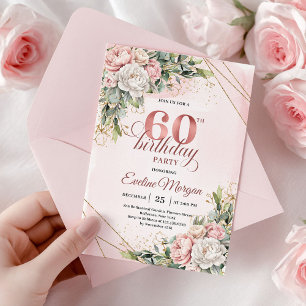 Convite Chic Rosa Dourado Blush Rosa Floral 60º Aniversári