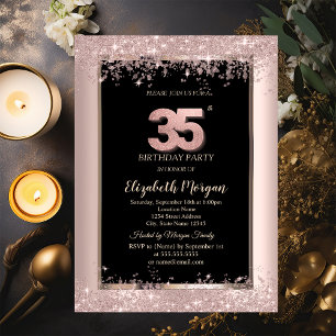 Convite Chic Rosa Dourado Brilho Faíscas 35º Aniversário