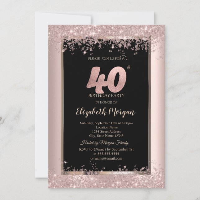 Convite Chic Rosa Dourado Brilho Faíscas 40º Aniversário  (Frente)