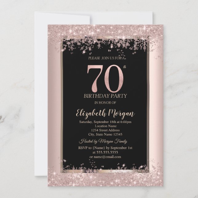 Convite Chic Rosa Dourado Brilho Faíscas 70º Aniversário  (Frente)