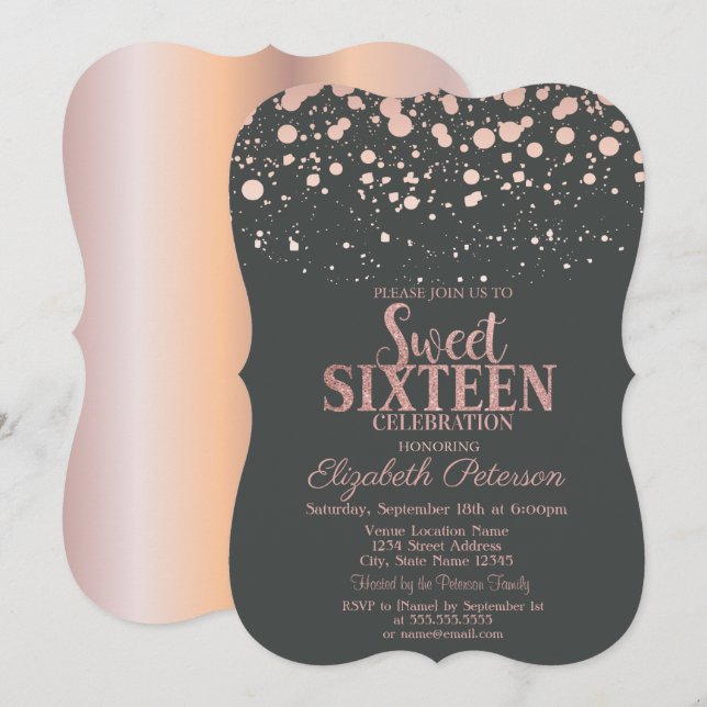 Convite Chic Rosa Dourado Pontos Cinza Sweet 16 (Frente/Verso)