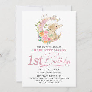 Convite Chic Rosa Floral Lua Menina Elefante 1º Aniversári