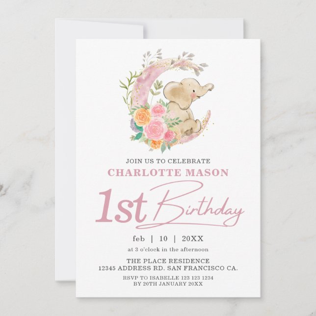 Convite Chic Rosa Floral Lua Menina Elefante 1º Aniversári (Frente)