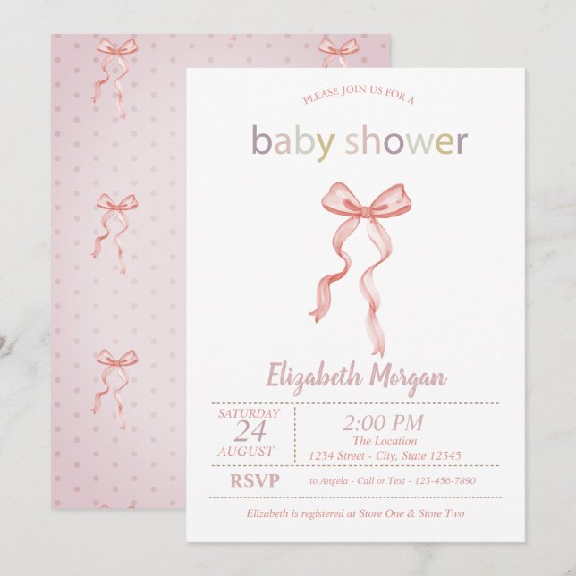 Convite Chic Rosa Laço Pontilhado Baby Shower  (Frente/Verso)