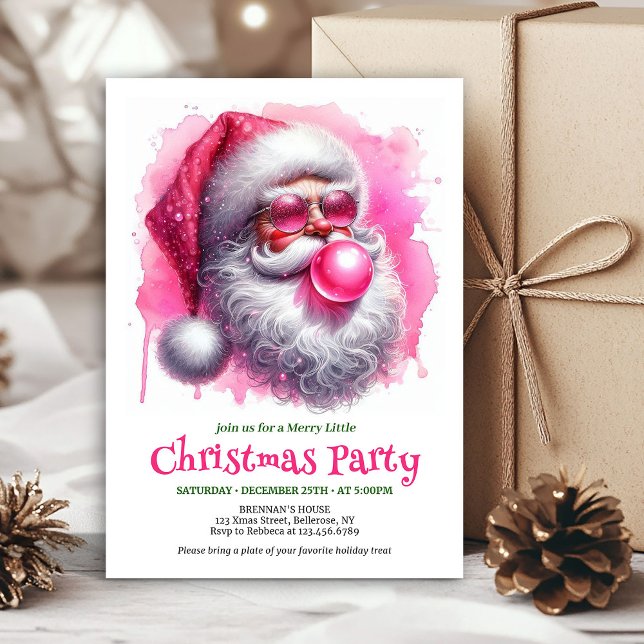 Convite Chic rosa Papai Noel chic chicando chiclete aquare (Chic pink santa chewing gum watercolor Christmas invite)