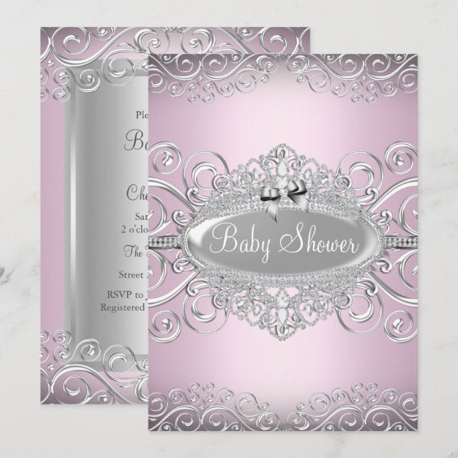 Convite Chic Rosa & Prata Damask Princesa Baby Shower (Frente/Verso)