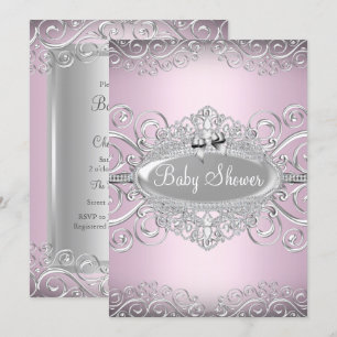 Convite Chic Rosa & Prata Damask Princesa Baby Shower