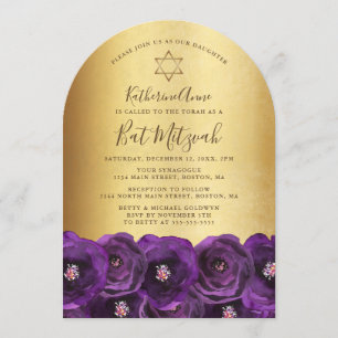 Convite Chic Rosa Roxa Floral Bat Mitzvah Dourado