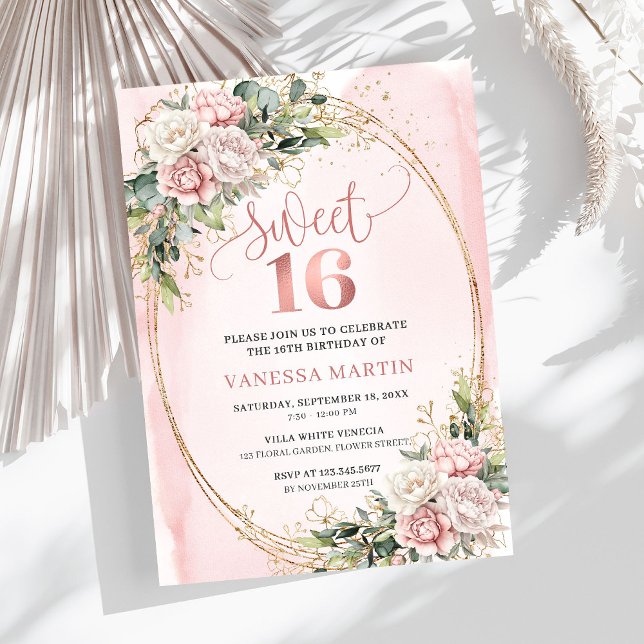 Convite Chic Rose Gold Flowers and Greenery Sweet Sixteen (Rose Gold Flowers and Greenery Sweet Sixteen Invite)