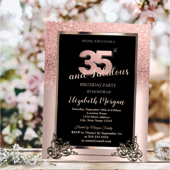 Convite Chic Rose Gold Glitter Ombre 35th Birthday Party (Criador carregado)
