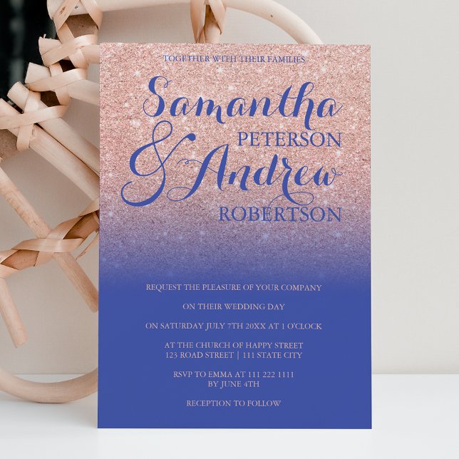 Convite Chic rose gold glitter royal blue wedding (Criador carregado)