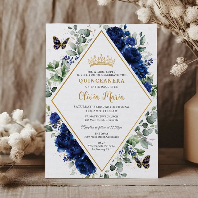 Convite Chic Royal Blue Floral Butterflies Quinceañera (Criador carregado)