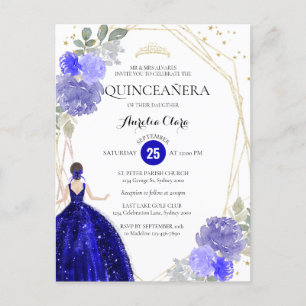 Convite Chic Royal Blue Floral Geométrico Quinceañ