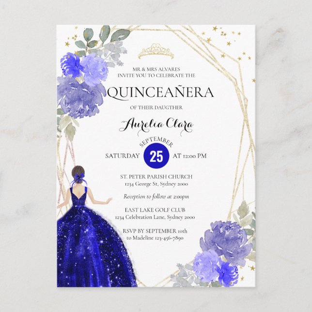 Convite Chic Royal Blue Floral Geométrico Quinceañ (Frente)