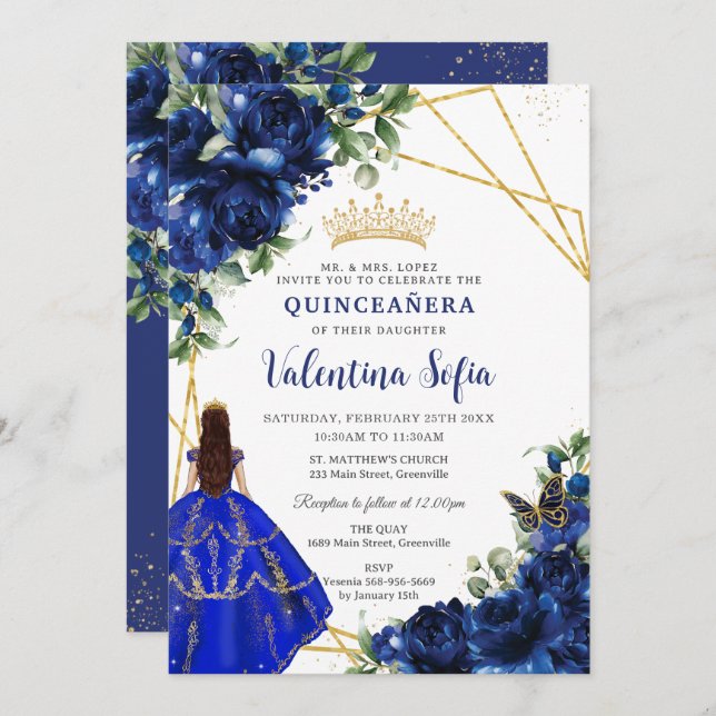 Convite Chic Royal Blue Floral Princesa Dourada Quinceañer (Frente/Verso)