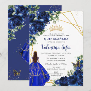 Convite Chic Royal Blue Floral Princesa Dourada Quinceañer