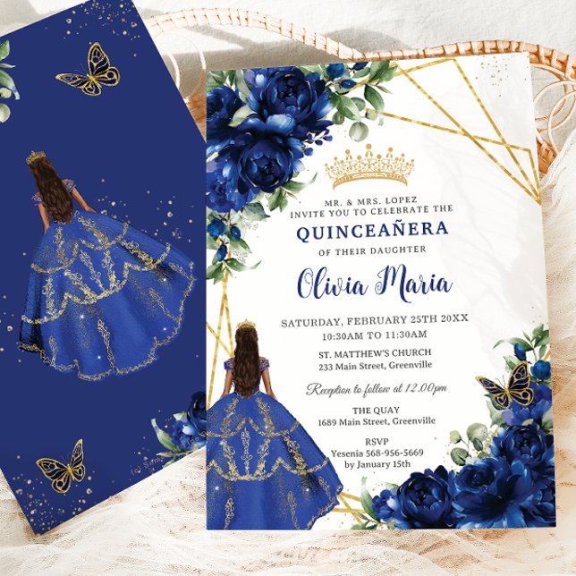 Convite Chic Royal Blue Flowers Brown Princess Quinceañera (Criador carregado)