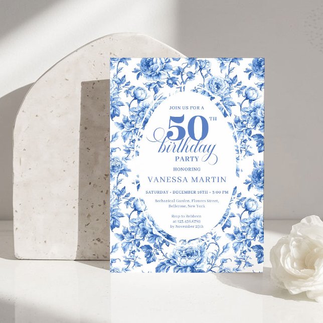 Convite Chic Royal Blue Toile de Jouy 50th Birthday Invite (Chic Royal Blue Toile de Jouy 50th Birthday Invite)