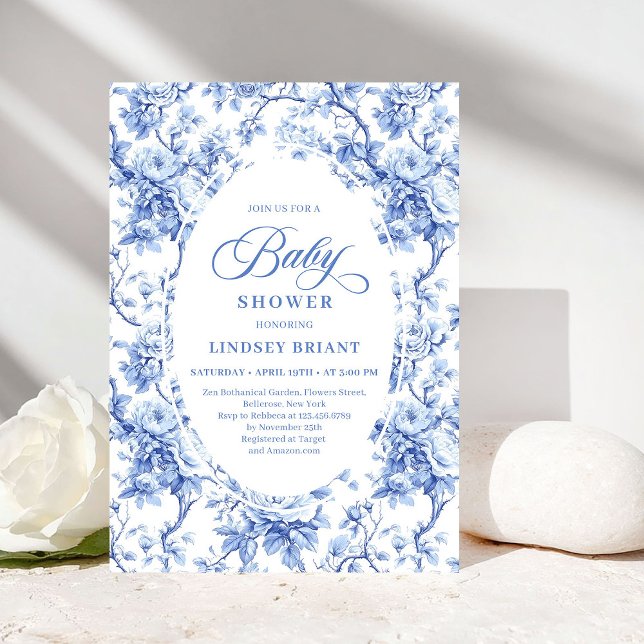 Convite Chic Royal Blue Toile de Jouy Baby Shower Invite (Chic Royal Blue Toile de Jouy Baby Shower Invite)