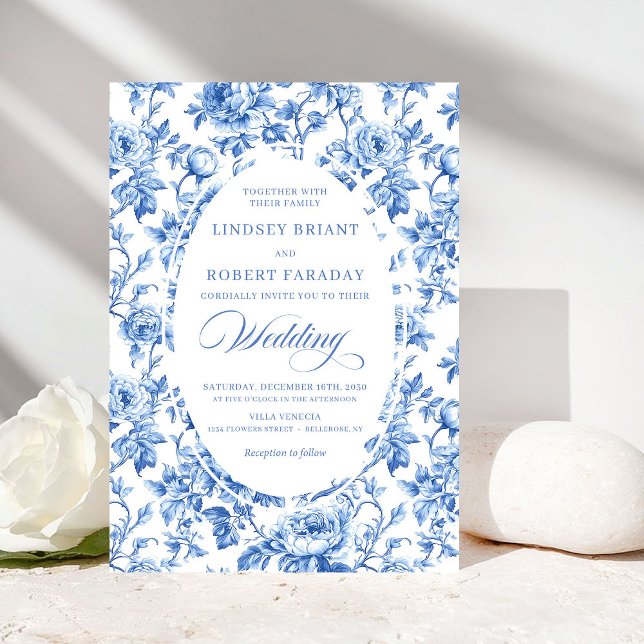 Convite Chic Royal Blue Toile de Jouy Romantic Wedding  (Chic Royal Blue Toile de Jouy Romantic Wedding Invitation)