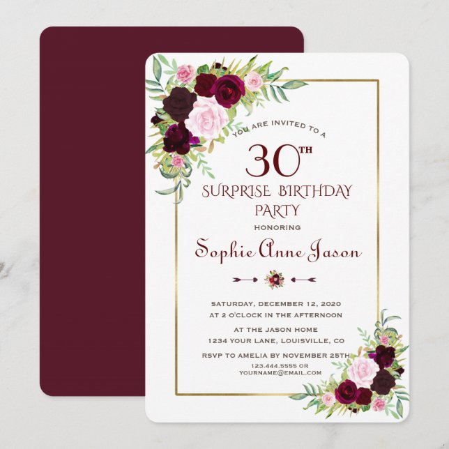 Convite Chic Royal Burgundy Marsala aniversário de 30 anos (Frente/Verso)