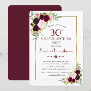 Convite Chic Royal Burgundy Marsala aniversário de 30 anos