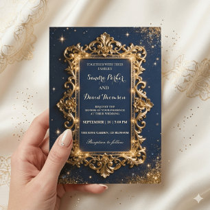 Convite Chic Royal Dourado & Azul-Marinho Luxuoso Casament