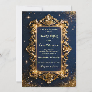 Convite Chic Royal Gold & Navy Blue Luxury Modern Wedding 