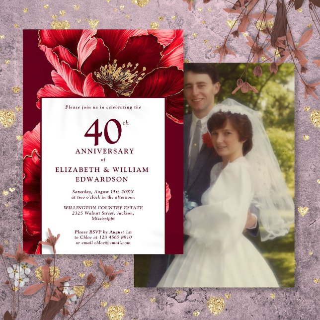 Convite Chic Ruby Red Floral 40º Aniversário Foto (Chic Ruby Red Floral 40th Anniversary Photo Invitation)