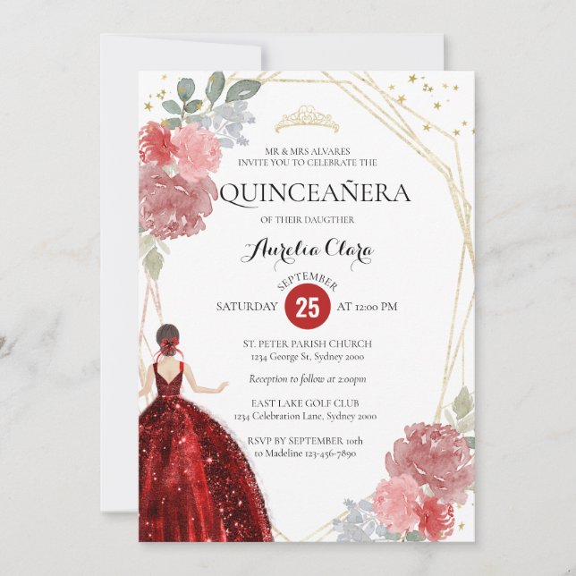 Convite Chic Ruby Red Floral Quinceañera (Frente)