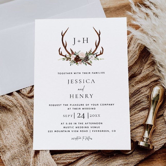 Convite Chic Rustic Antlers Boho Wedding (Criador carregado)