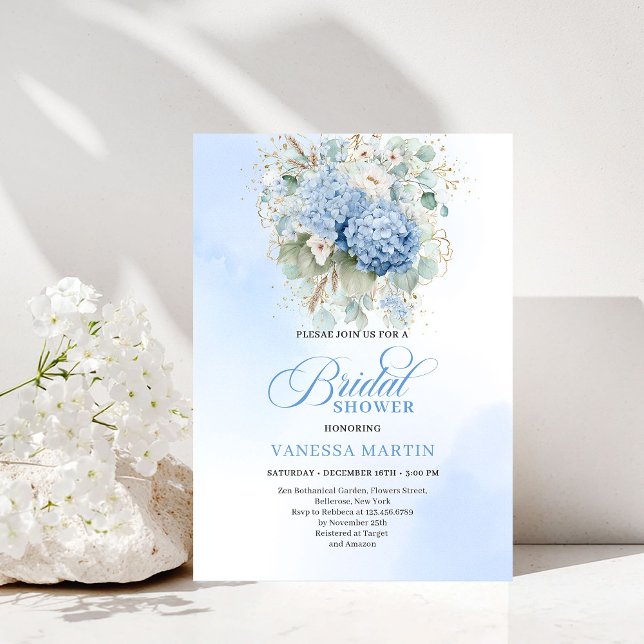 Convite Chic Rústico Boêmio Chuveiro de Noiva com Hortênsi (Rustic Bohemian Blue Hydrangeas Bridal Shower Invitation)