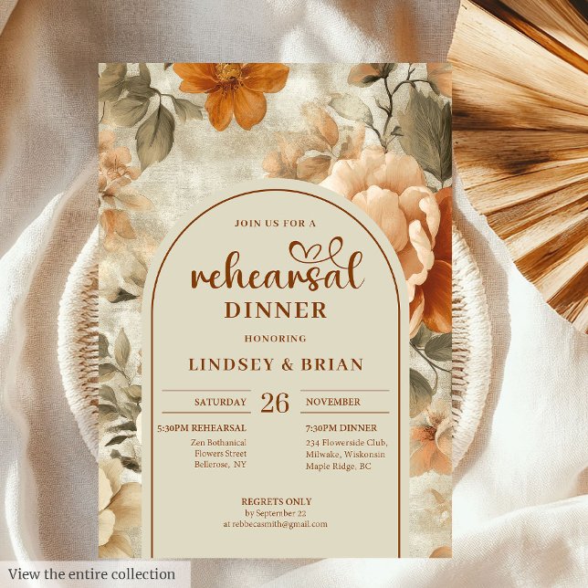 Convite Chic Rusty Beige Olive Floral Rehearsal Invitation (Chic Rusty Beige Olive Floral Rehearsal Invitation)