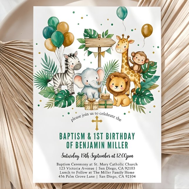 Convite Chic Safari Tropical Jungle Batismo Aniversário de (Chic Tropical Safari Jungle Baptism 1st Birthday Invitation)