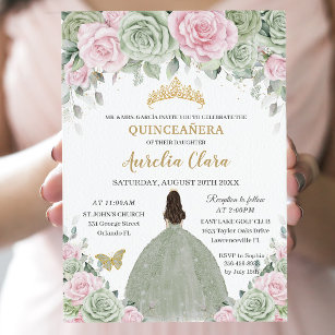 Convite Chic Sage Green Baby Rosa Dourada Floral Quinceañe