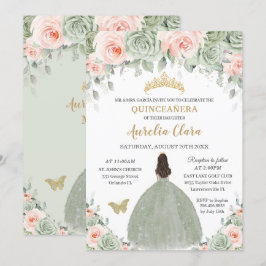 Convite Chic Sage Green Blush Floral Dourada Quinceañera X