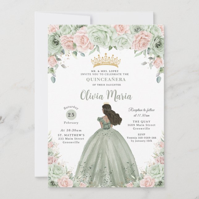 Convite Chic Sage Green Blush Princesa Floral Quinceañera (Frente)