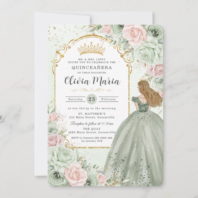 Convite Chic Sage Green Blush Princesa Floral Quinceañera (Frente)
