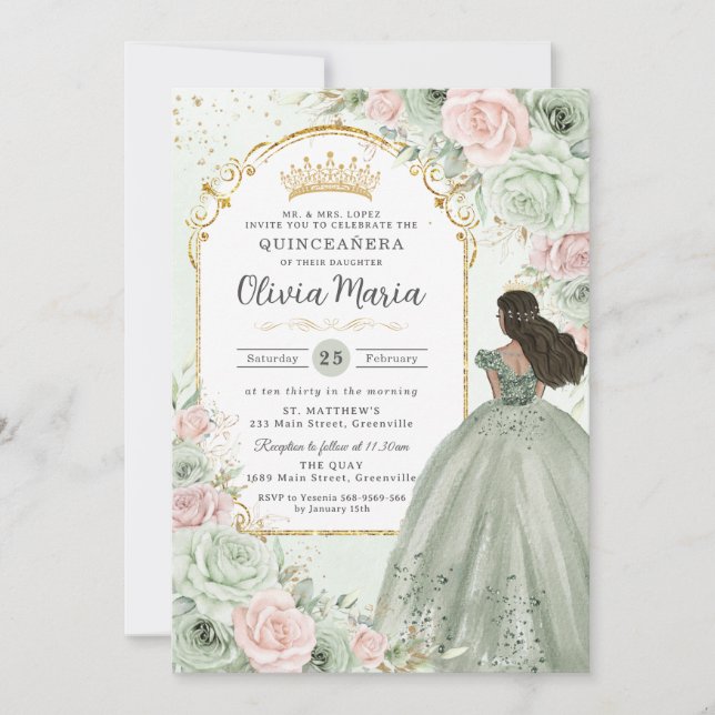 Convite Chic Sage Green Blush Princesa Floral Quinceañera (Frente)