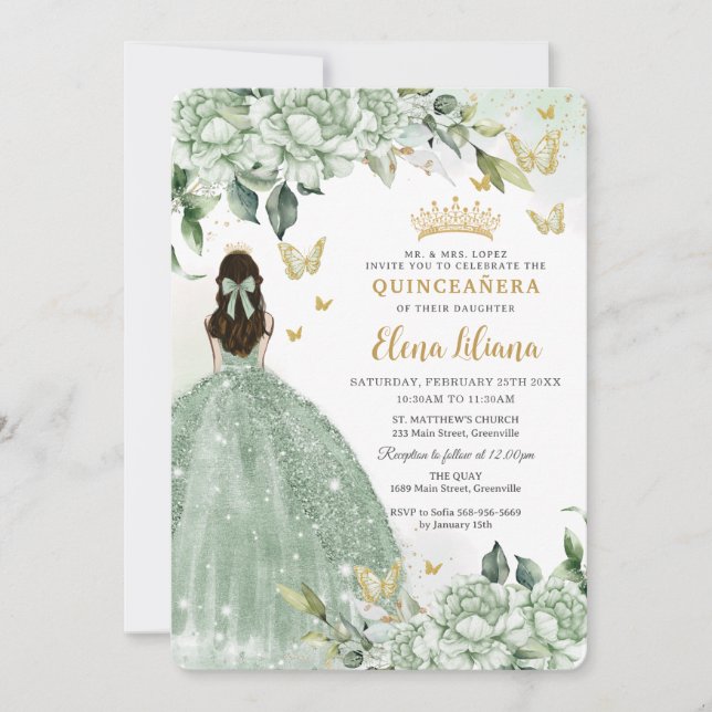 Convite Chic Sage Green Butterflies Quinceañera (Frente)