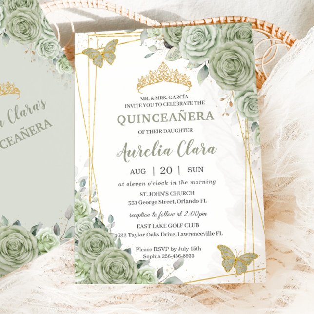 Convite Chic Sage Green Butterflies Quinceañera (Criador carregado)
