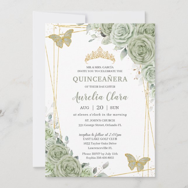 Convite Chic Sage Green Butterflies Quinceañera (Frente)