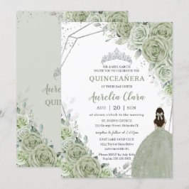 Convite Chic Sage Green Floral Princesa Silver Quinceañera