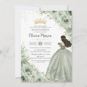 Convite Chic Sage Green Floral Rosas Princesa Quinceañera