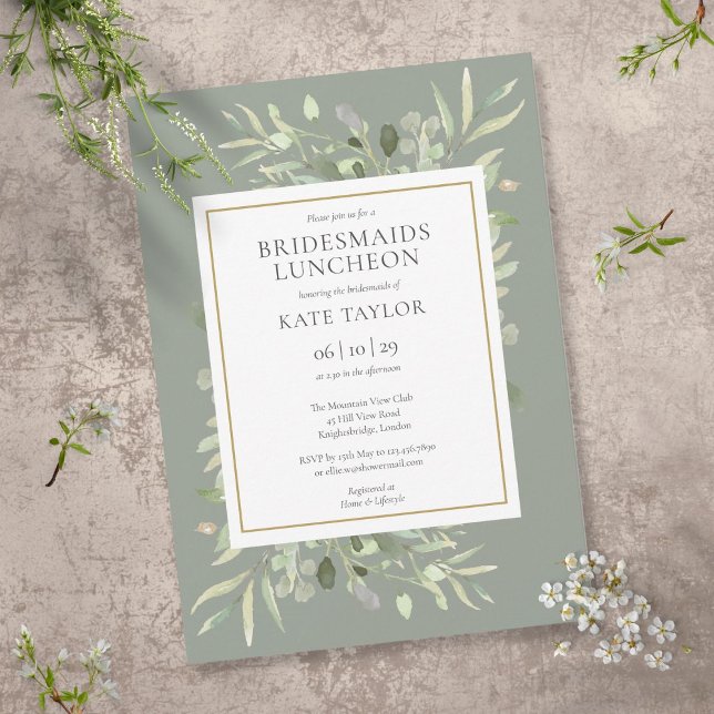 Convite Chic Sage Green Greenery Dourado Bridesmaids Lunch (Criador carregado)