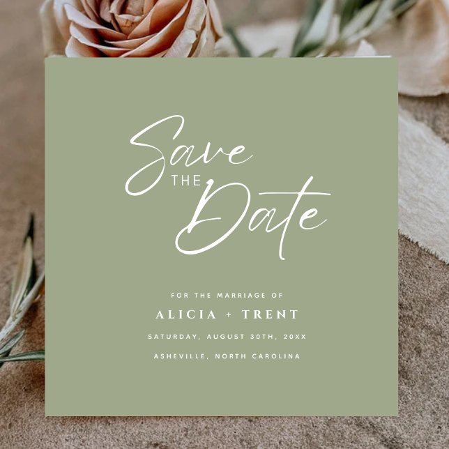 Convite Chic Sage Green & White Calligraphy Save the Date (Criador carregado)