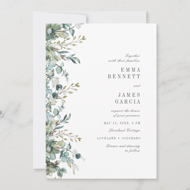 Convite Chic Sage Watercolor Eucalyptus Greenery Casamento (Frente)